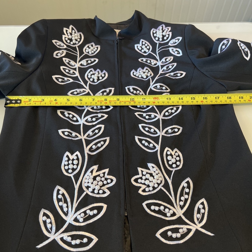 victor costa occasion jacket Women XS Black With White Flowers VTG Embroidered - Picture 10 of 12